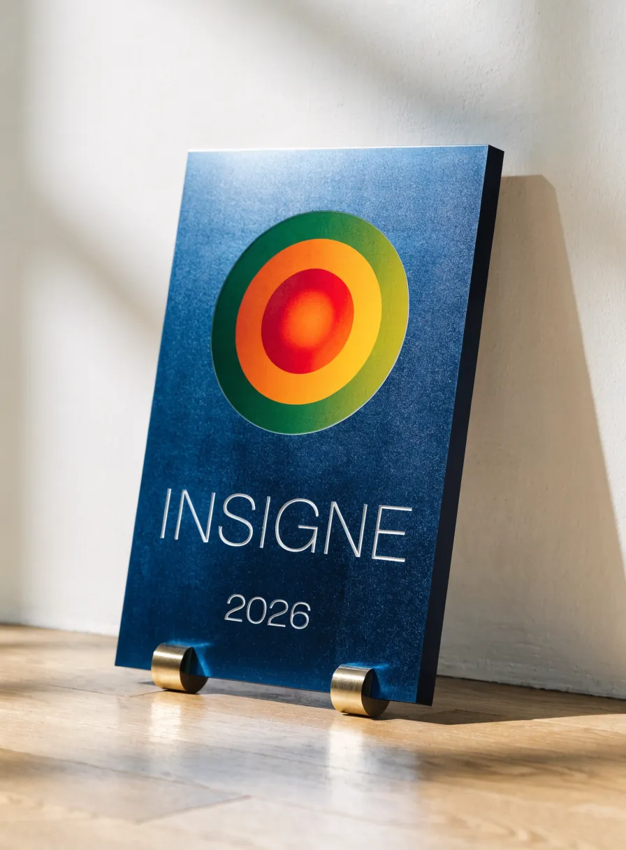 placa de aluminio anodizado azul apoyada sobre dos pies de latón, con un emblema circular impreso a color y las líneas INSIGNE y 2026 impresas en blanco
