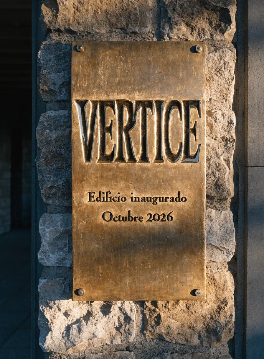 placa de bronce fundido atornillada al muro de piedra de la entrada de un edificio, con las letras VERTICE en relieve pulido y las líneas Edificio inaugurado y Octubre 2026