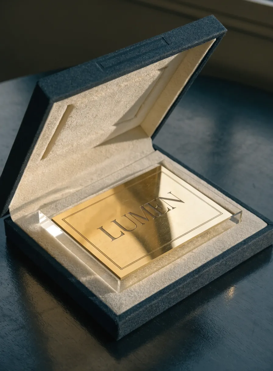 placa de latón pulido con un filete grabado alrededor y la palabra LUMEN al centro, acostada en el troquel rectangular de gamuza color crema de su estuche forrado en tela azul marino