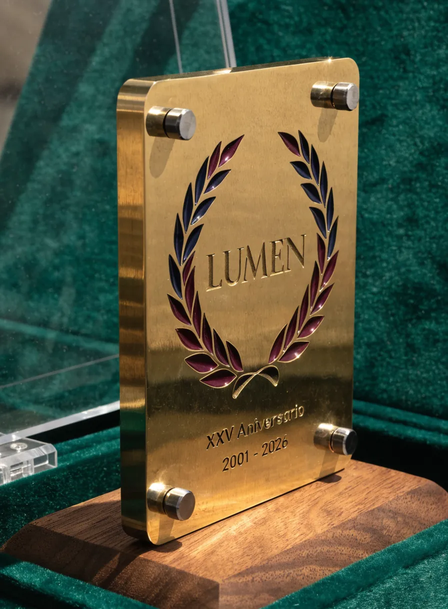 galvano vertical de latón pulido grabado LUMEN dentro de una corona de laurel rellena de esmalte vino y azul, sujeto por cuatro separadores de acero sobre una base de nogal, dentro de un estuche forrado en terciopelo verde