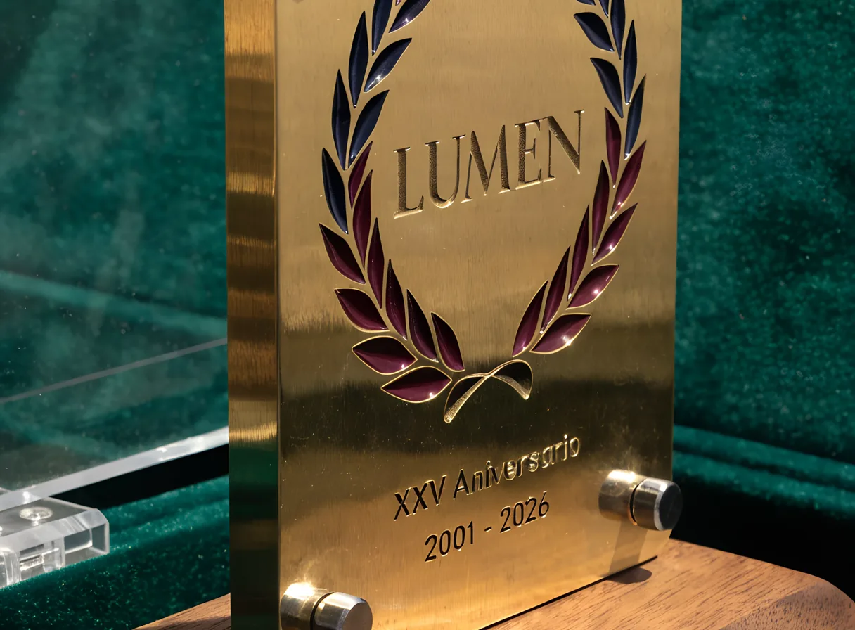 galvano de latón pulido con orla de laurel fotograbada y rellenada con esmalte azul y vino, grabado LUMEN, XXV Aniversario y 2001 - 2026, elevado en separadores de acero sobre una tabla de nogal, dentro de su estuche de terciopelo verde