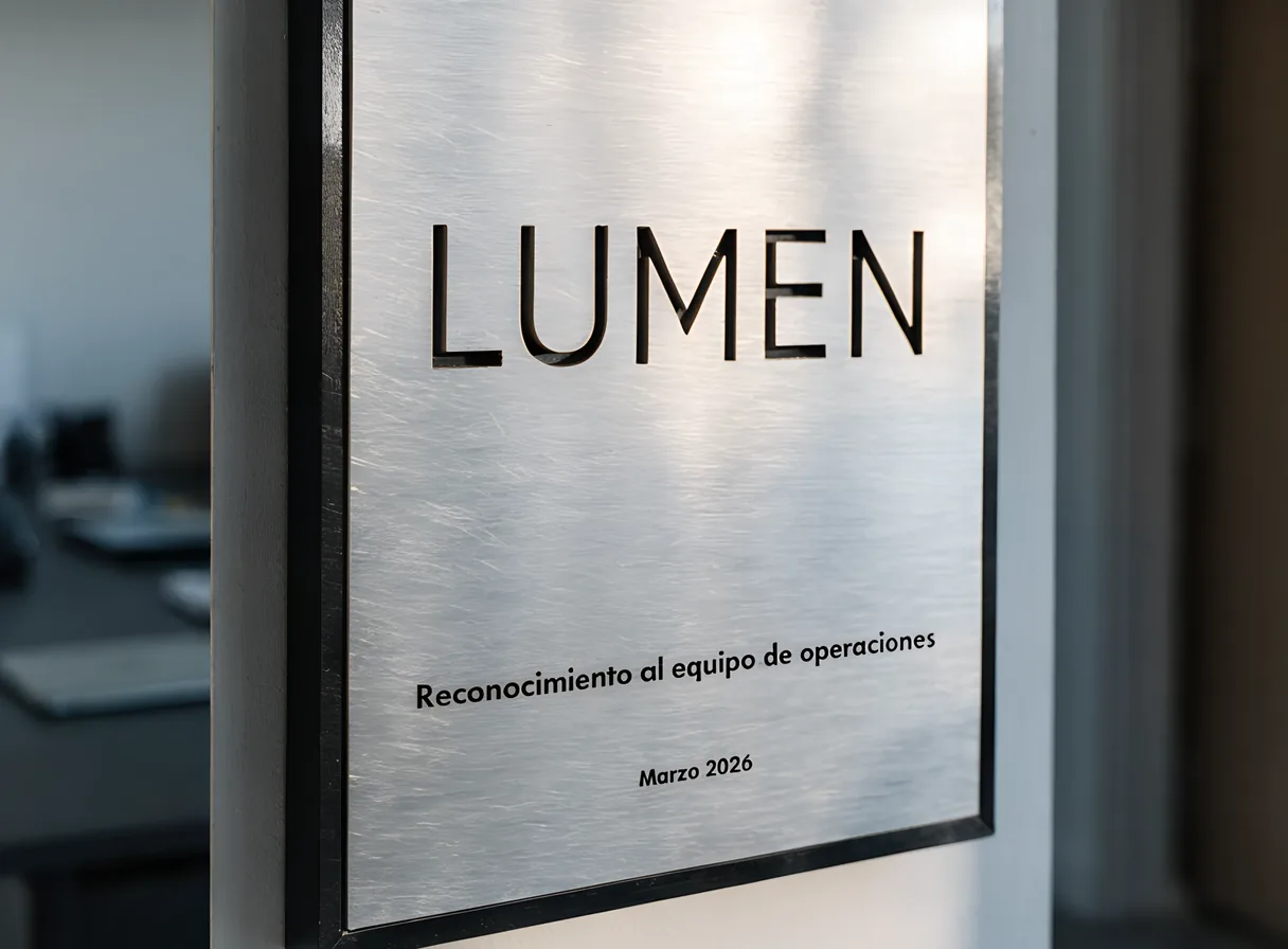 placa de aluminio cepillado grabada LUMEN, Reconocimiento al equipo de operaciones y Marzo 2026, dentro de un marco negro delgado, colgada en el muro claro de una oficina