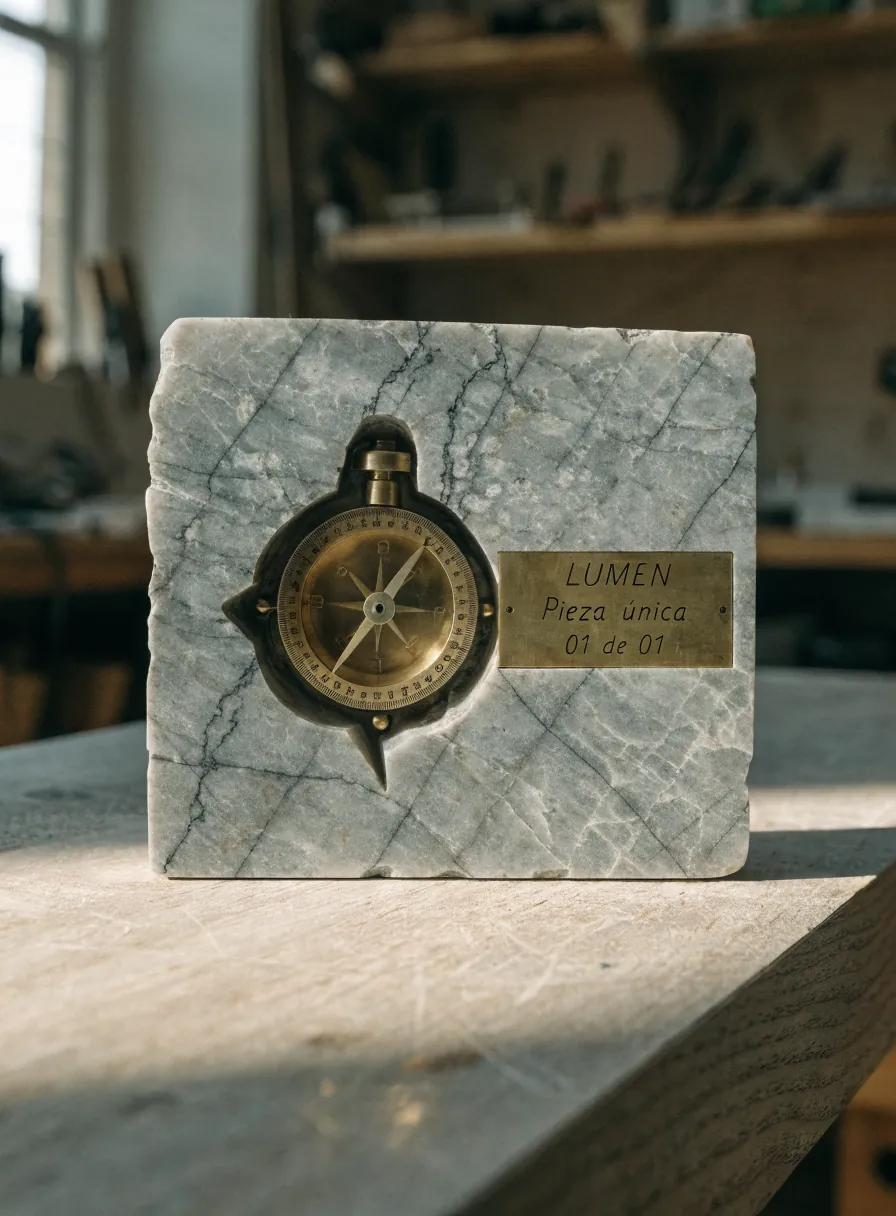 placa gruesa de mármol gris veteado con el canto dejado en bruto, de pie sobre un banco de taller, con una brújula de latón empotrada en la cara y una plaquita de latón grabada LUMEN, Pieza única, 01 de 01