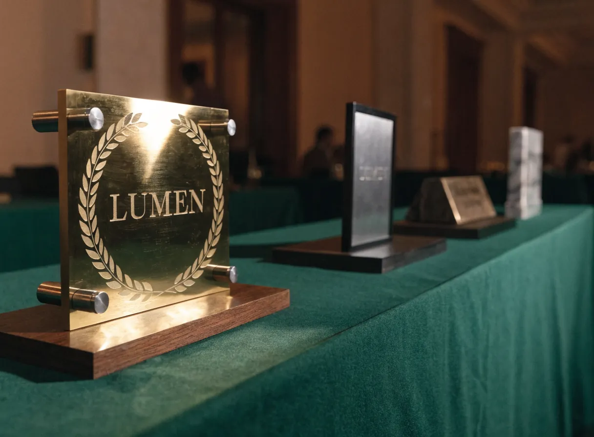 mesa de entrega de una noche de reconocimientos, con un galvano de latón grabado con la palabra LUMEN y una orla de laurel, montado en cuatro separadores de acero sobre una base de nogal, y tres piezas más fuera de foco al fondo del mantel verde