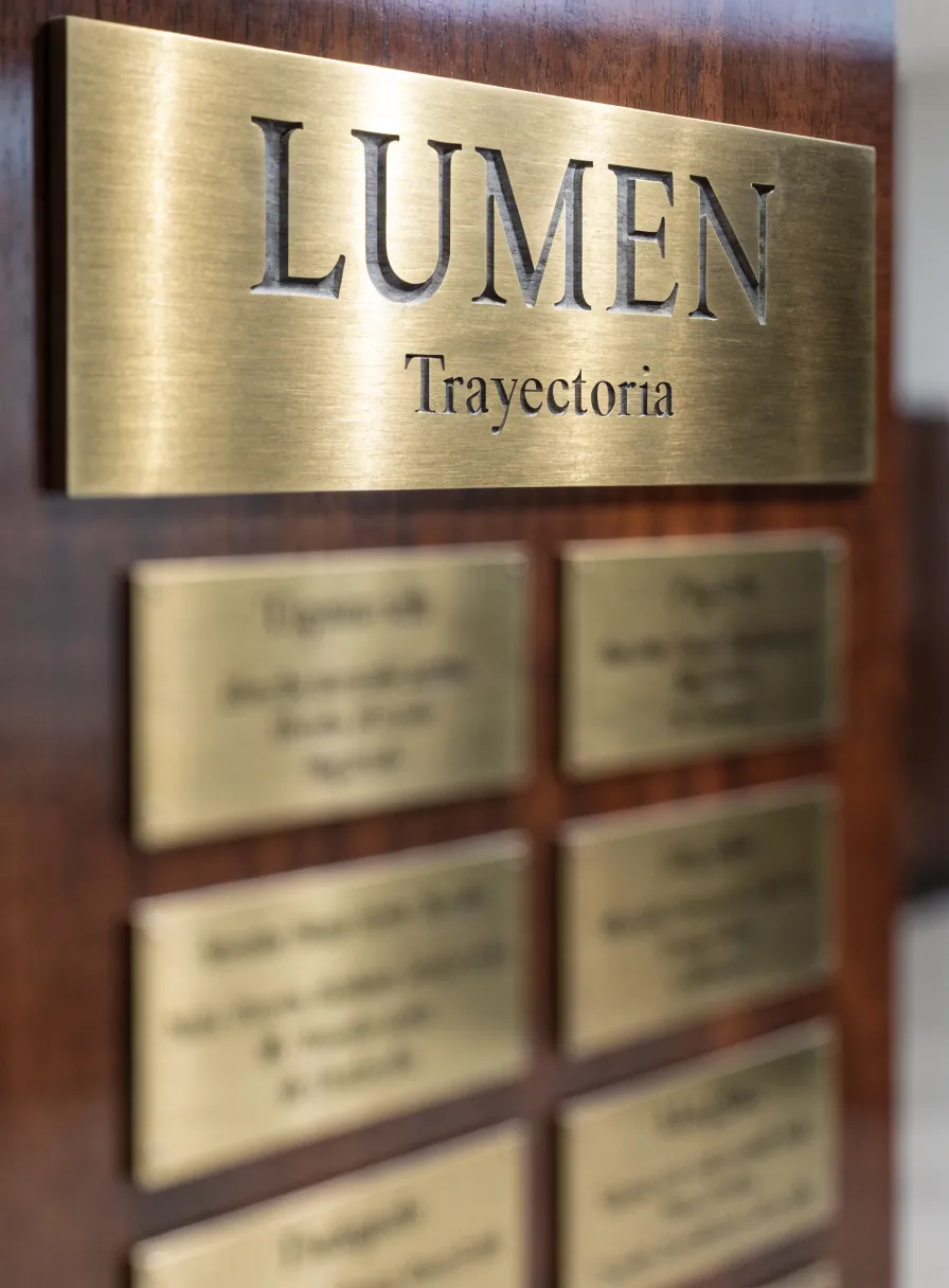 muro de honor en un pasillo corporativo, con una placa de latón grabada LUMEN y Trayectoria enfocada arriba y ocho placas nominales más chicas alineadas abajo en dos columnas sobre panel de nogal