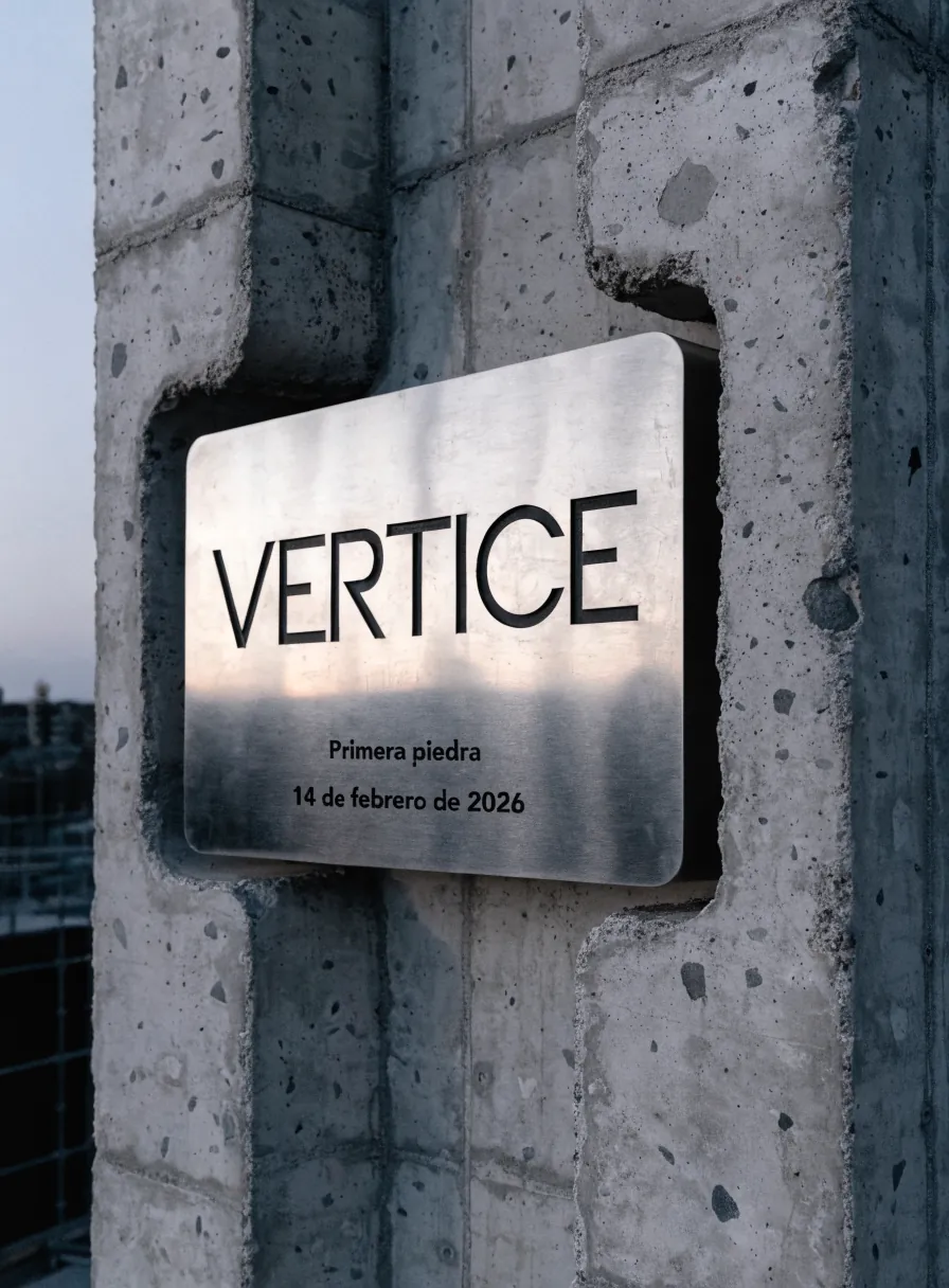 placa de acero inoxidable cepillado embutida en un muro de concreto de una obra al atardecer, grabada a fondo con VERTICE, Primera piedra y 14 de febrero de 2026