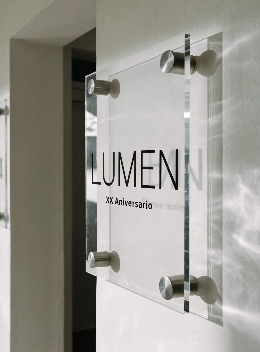 placa de acrílico transparente de doce milímetros montada en cuatro separadores de acero sobre el muro de una recepción, impresa por el reverso con la palabra LUMEN y la línea XX Aniversario