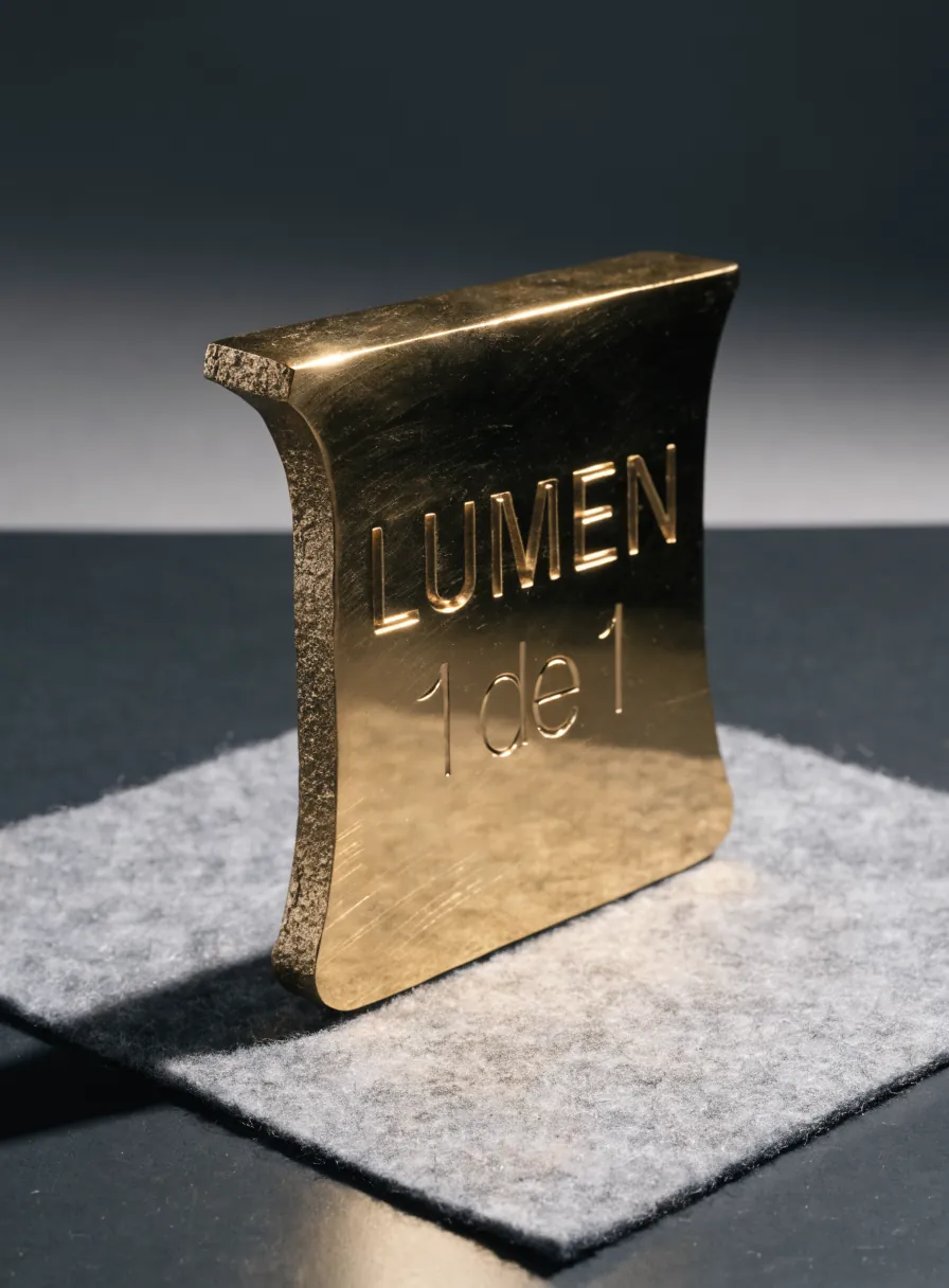 placa de bronce fundido a la cera perdida, con la cara frontal pulida a mano y el canto de arena sin desbastar, curvada como una hoja, con las líneas LUMEN y 1 de 1 fundidas en relieve
