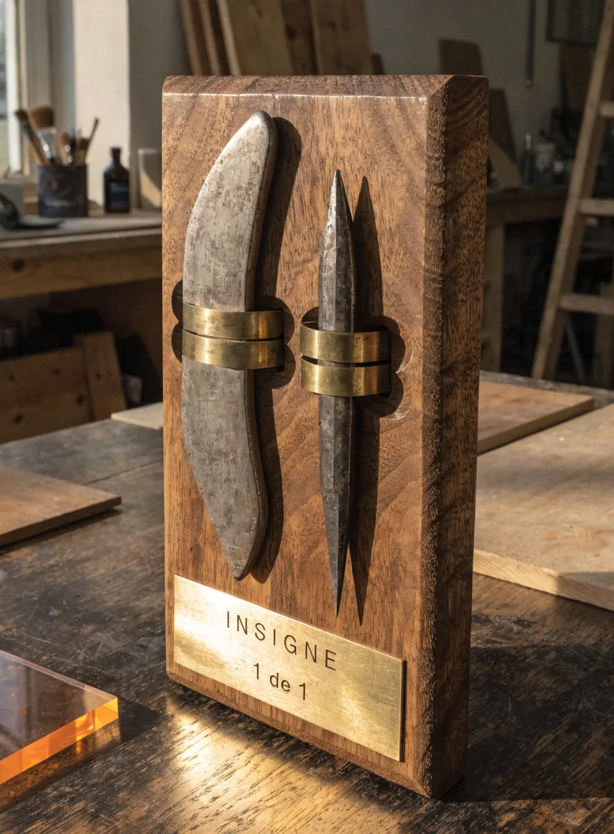 dos herramientas de acero gastadas montadas con abrazaderas de latón hechas a mano sobre una tabla gruesa de nogal, con una placa de latón embutida abajo grabada INSIGNE y 1 de 1, sobre el banco de un taller
