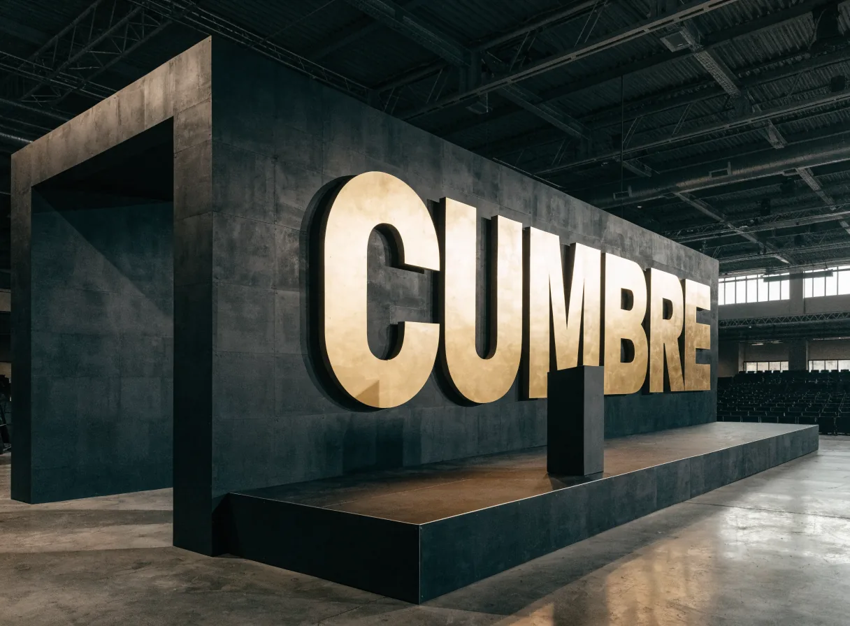 letras doradas monumentales que forman la palabra CUMBRE montadas sobre un muro oscuro de escenario en un salón de eventos