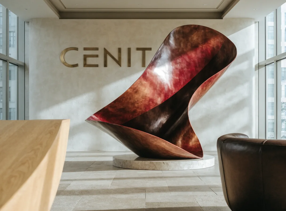 escultura de resina y bronce con forma curva y torcida sobre una base de piedra en la recepción de una oficina, con el nombre CENIT en letras de latón en el muro