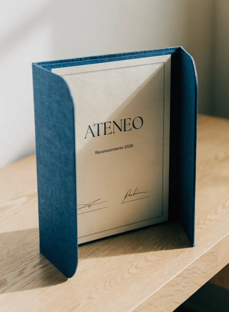 Porta diploma de tapa dura forrado en tela azul, abierto y parado sobre una repisa de madera clara, con un certificado en papel marfil, filete de margen y dos firmas al pie.